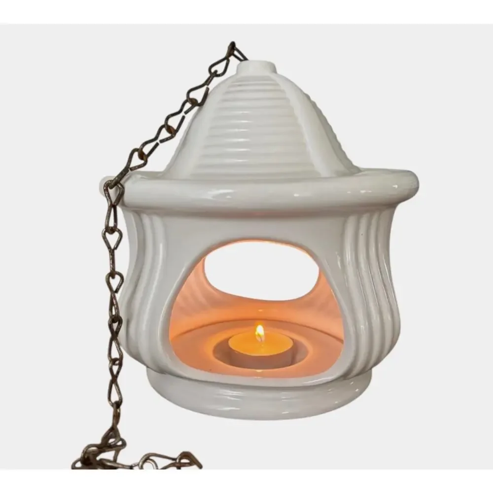 PartyLite Pagoda HANGING CANDLE HOLDER White Ceramic Silver Lantern 24” Chain - Picture 2 of 7